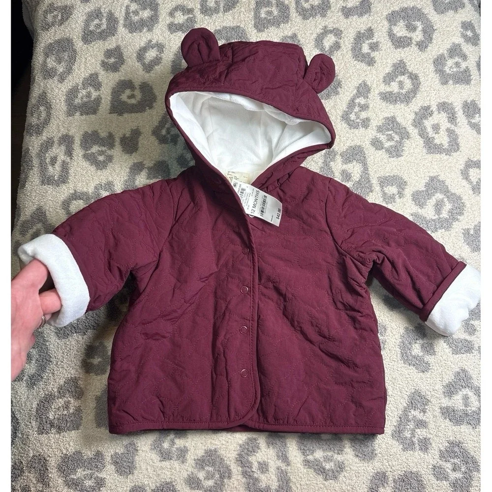 Infant girls 12 months First Impressions burgundy coat with bear ears hood fleec